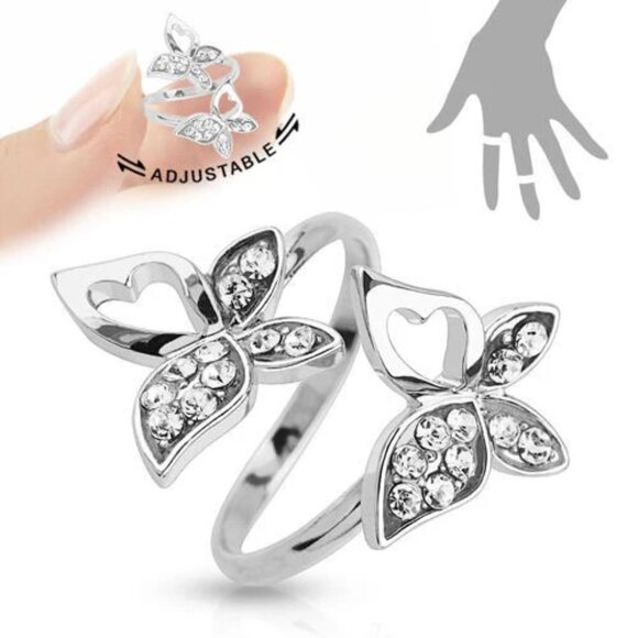 ADJUSTABLE RHODIUM PLATED BRASS DOUBLE BUTTERFLY MID-RING WITH CZ ACCENTS. - Picture 1 of 1